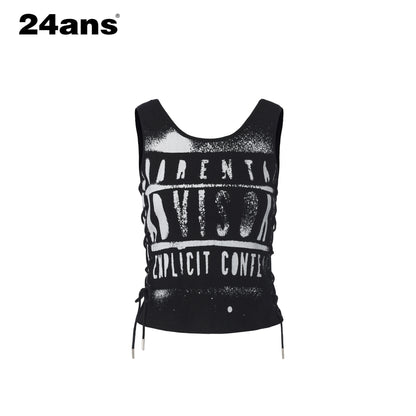 24ans Slim Cotton Stretch Round Neck Letter Print H Shaped Women Black Gray Tank Tops
