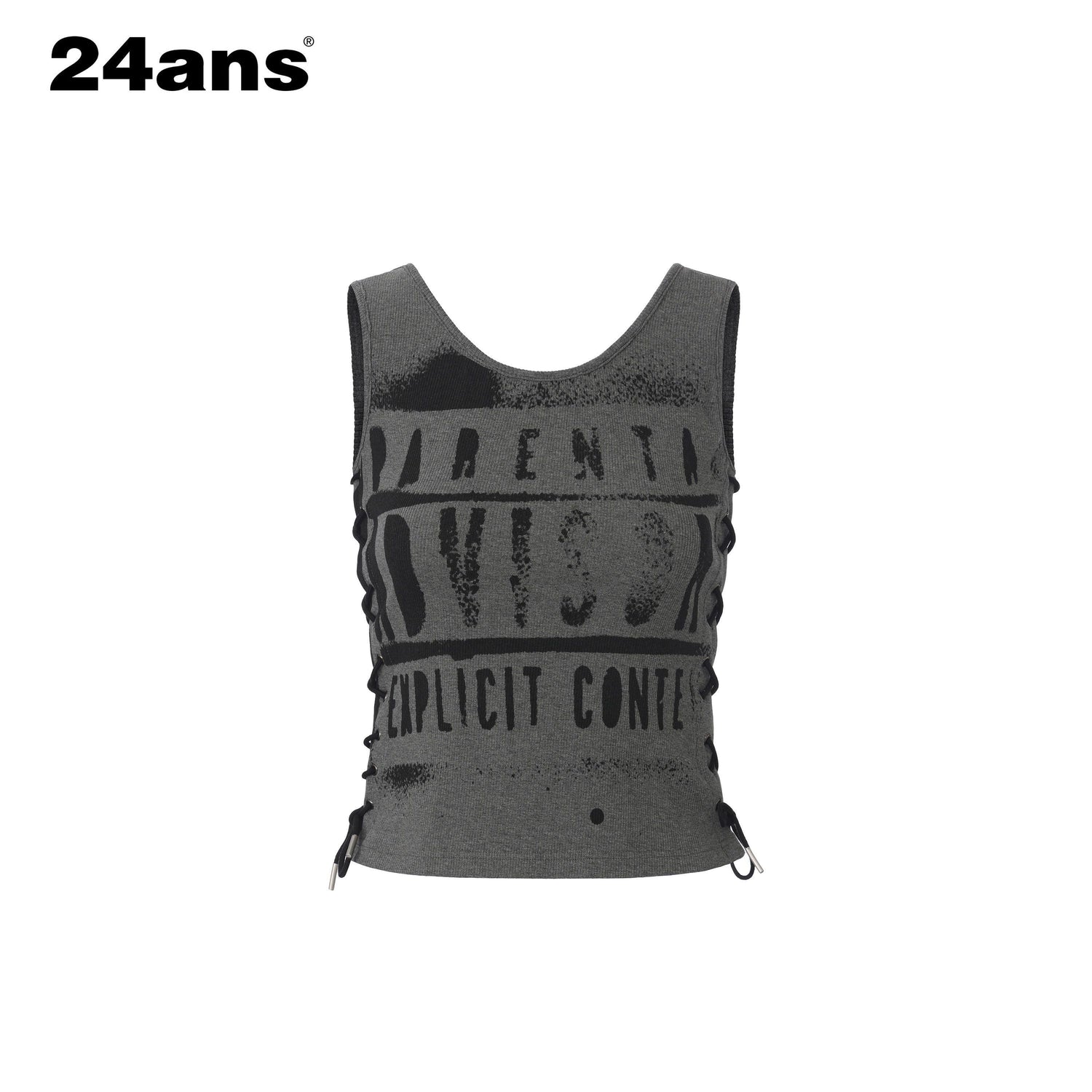 24ans Slim Cotton Stretch Round Neck Letter Print H Shaped Women Black Gray Tank Tops
