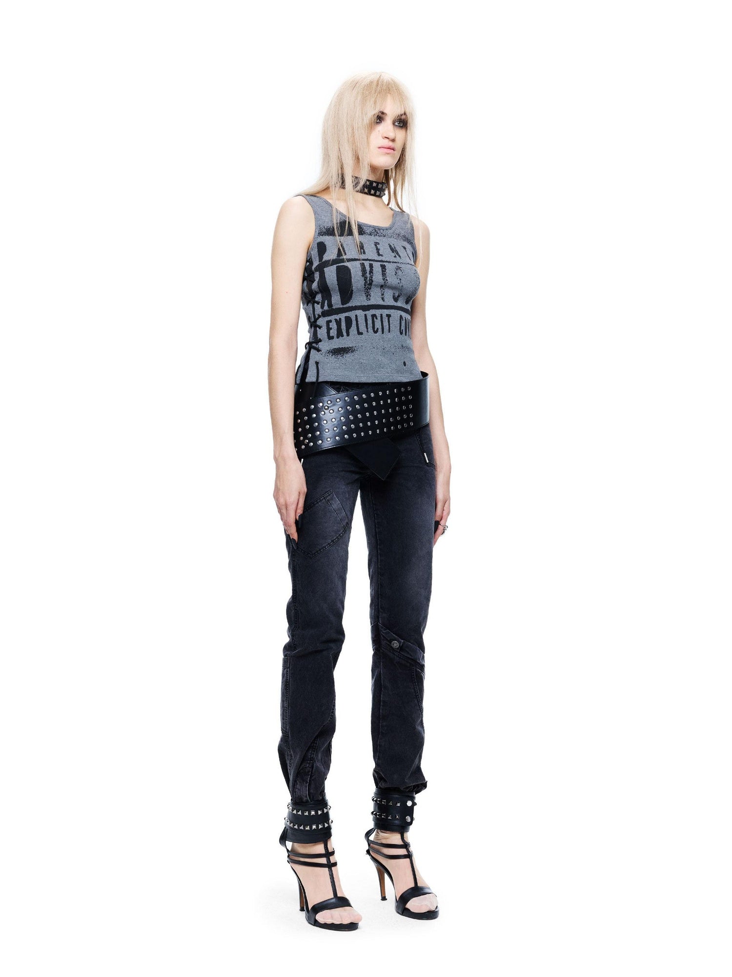 24ans Slim Cotton Stretch Round Neck Letter Print H Shaped Women Black Gray Tank Tops