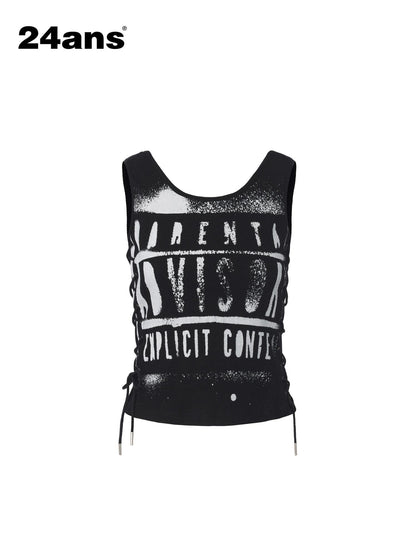 24ans Slim Cotton Stretch Round Neck Letter Print H Shaped Women Black Gray Tank Tops