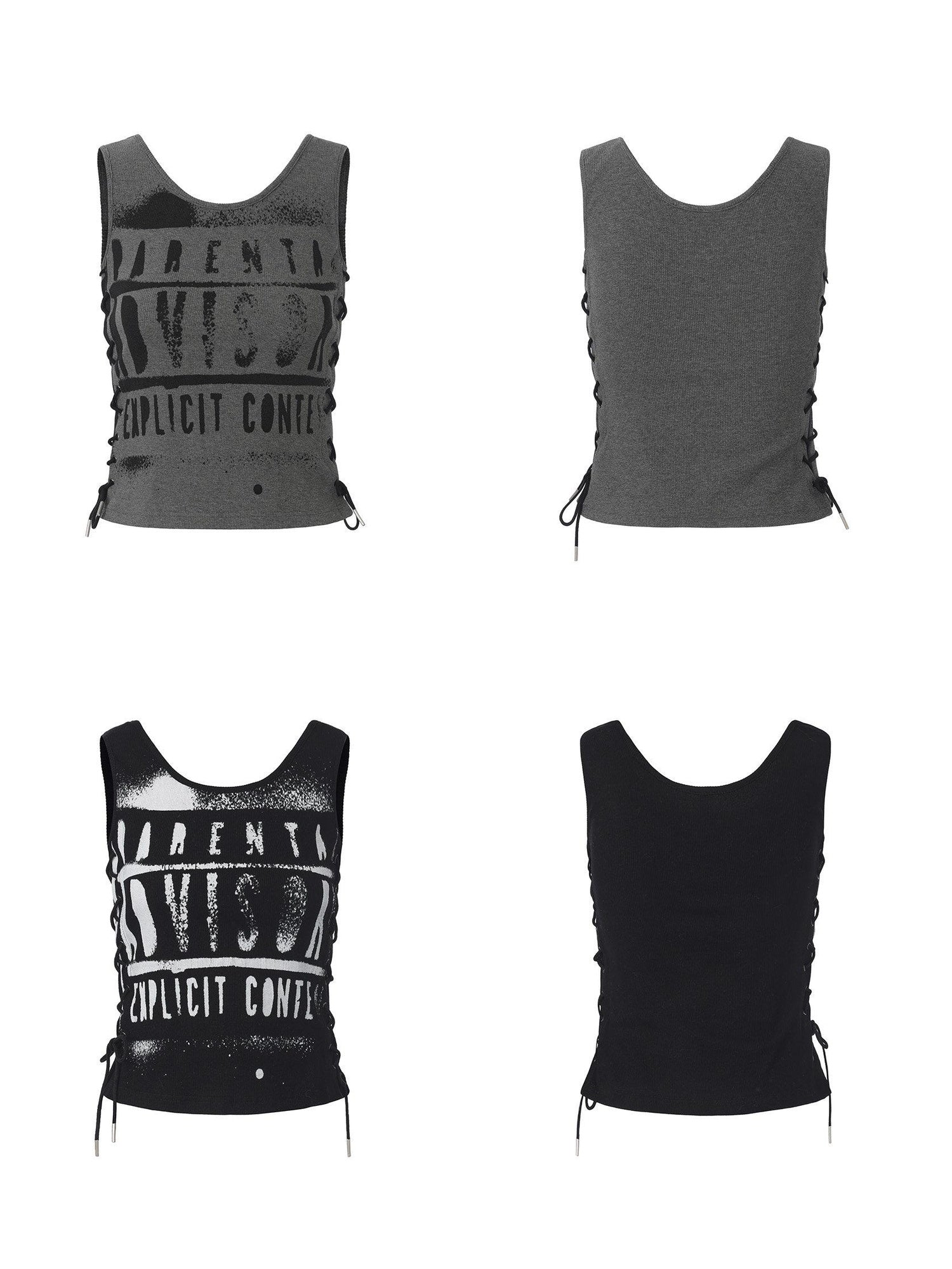 24ans Slim Cotton Stretch Round Neck Letter Print H Shaped Women Black Gray Tank Tops