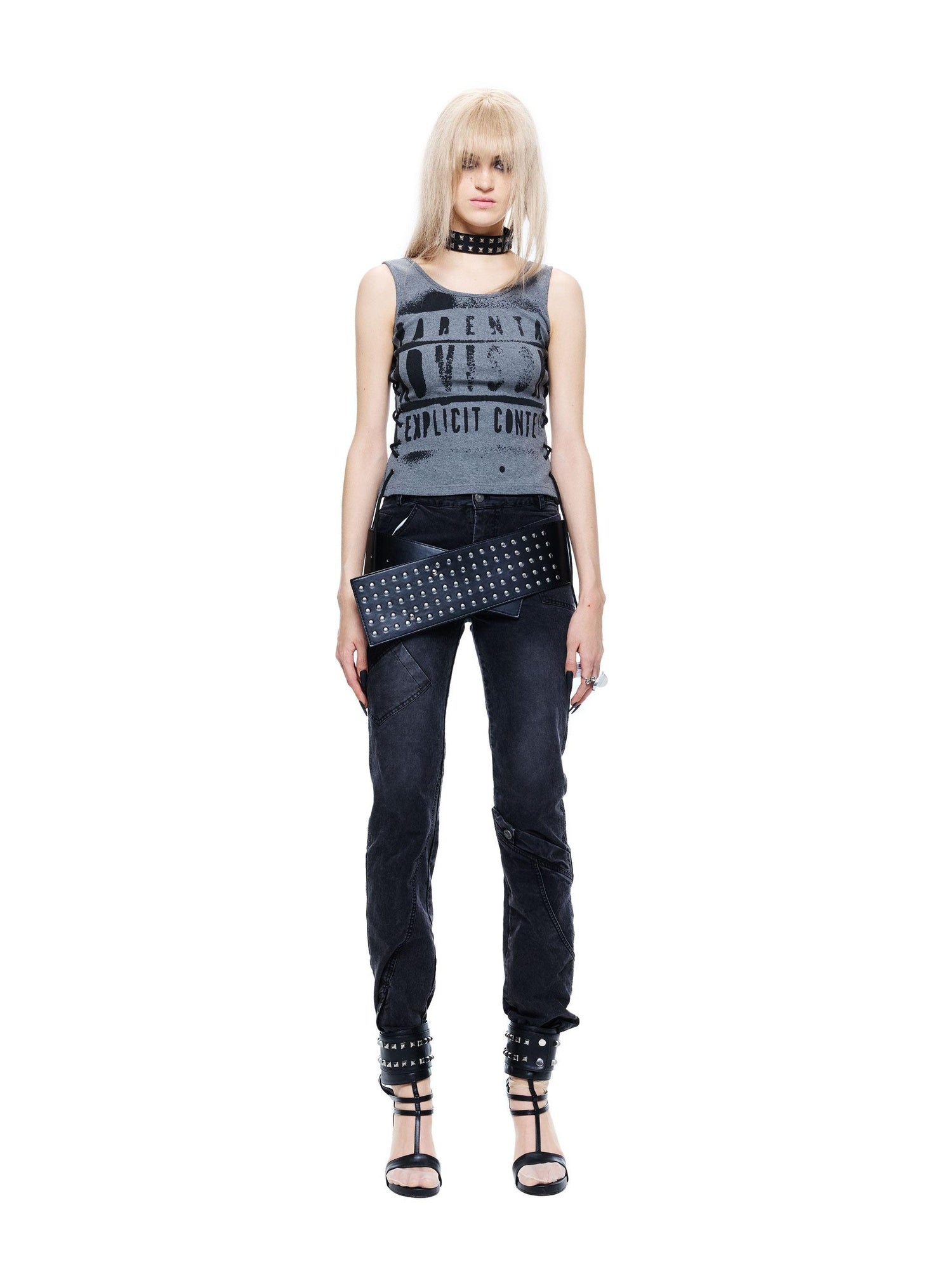 24ans Slim Cotton Stretch Round Neck Letter Print H Shaped Women Black Gray Tank Tops