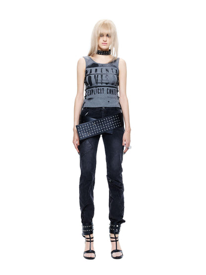 24ans Slim Cotton Stretch Round Neck Letter Print H Shaped Women Black Gray Tank Tops