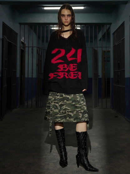 Slogan V-neck Knit Sweater Sweater