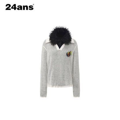24ans_Soft_Acrylic_Patchwork_Loose_Fit_Crop_Polo_Knit_Long_Sleeve_Women_Ecru_T-Shirt_MISSTT