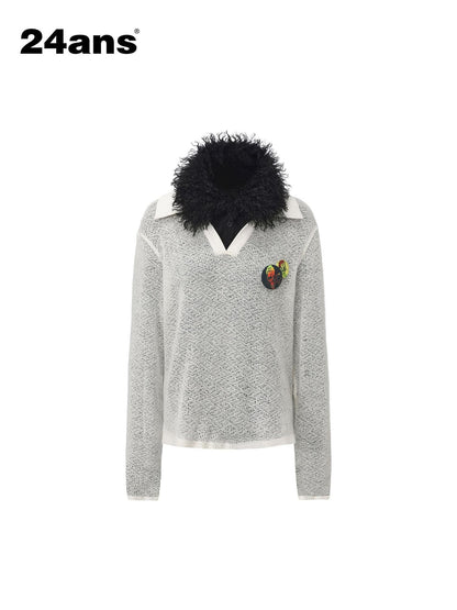 24ans Soft Acrylic Patchwork Loose Fit Crop Polo Knit Long Sleeve Women Ecru T-Shirt