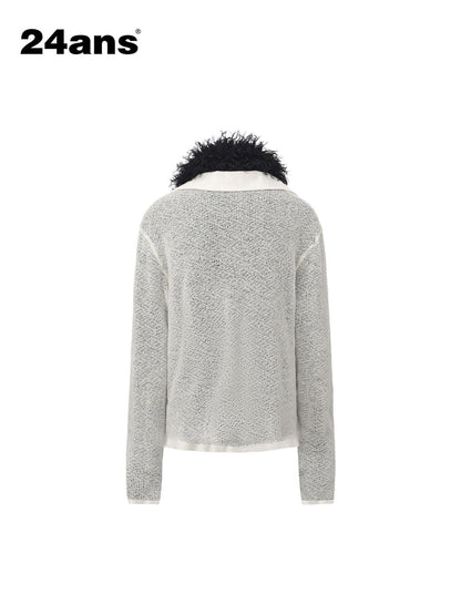 24ans Soft Acrylic Patchwork Loose Fit Crop Polo Knit Long Sleeve Women Ecru T-Shirt