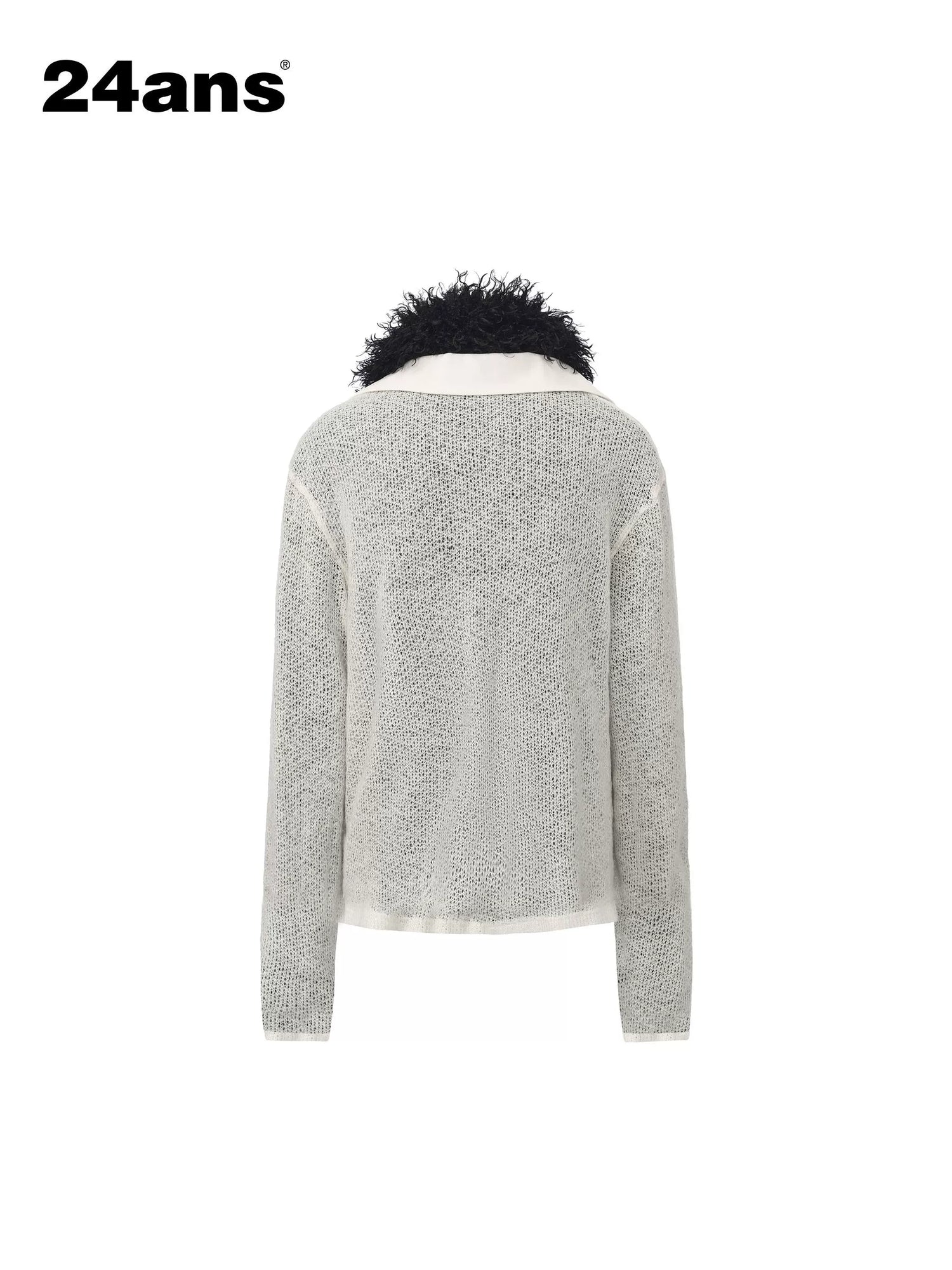 24ans Soft Acrylic Patchwork Loose Fit Crop Polo Knit Long Sleeve Women Ecru T-Shirt-2