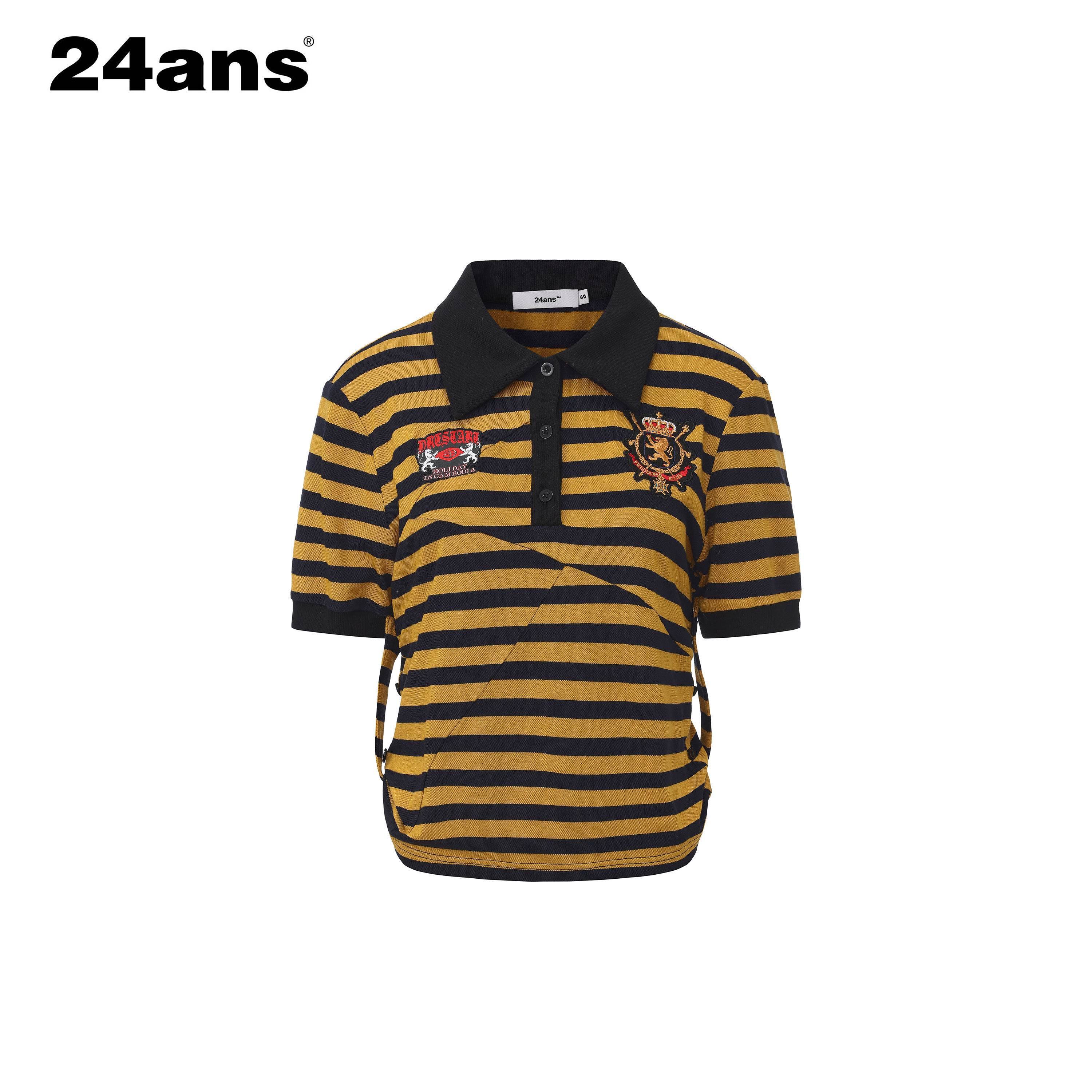 24ans Soft Cotton Blend Creative Stripe Polo Collar Straight Short Sleeve T-Shirts