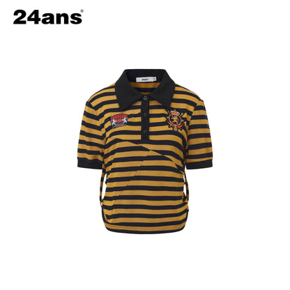 24ans Soft Cotton Blend Creative Stripe Polo Collar Straight Short Sleeve T-Shirts