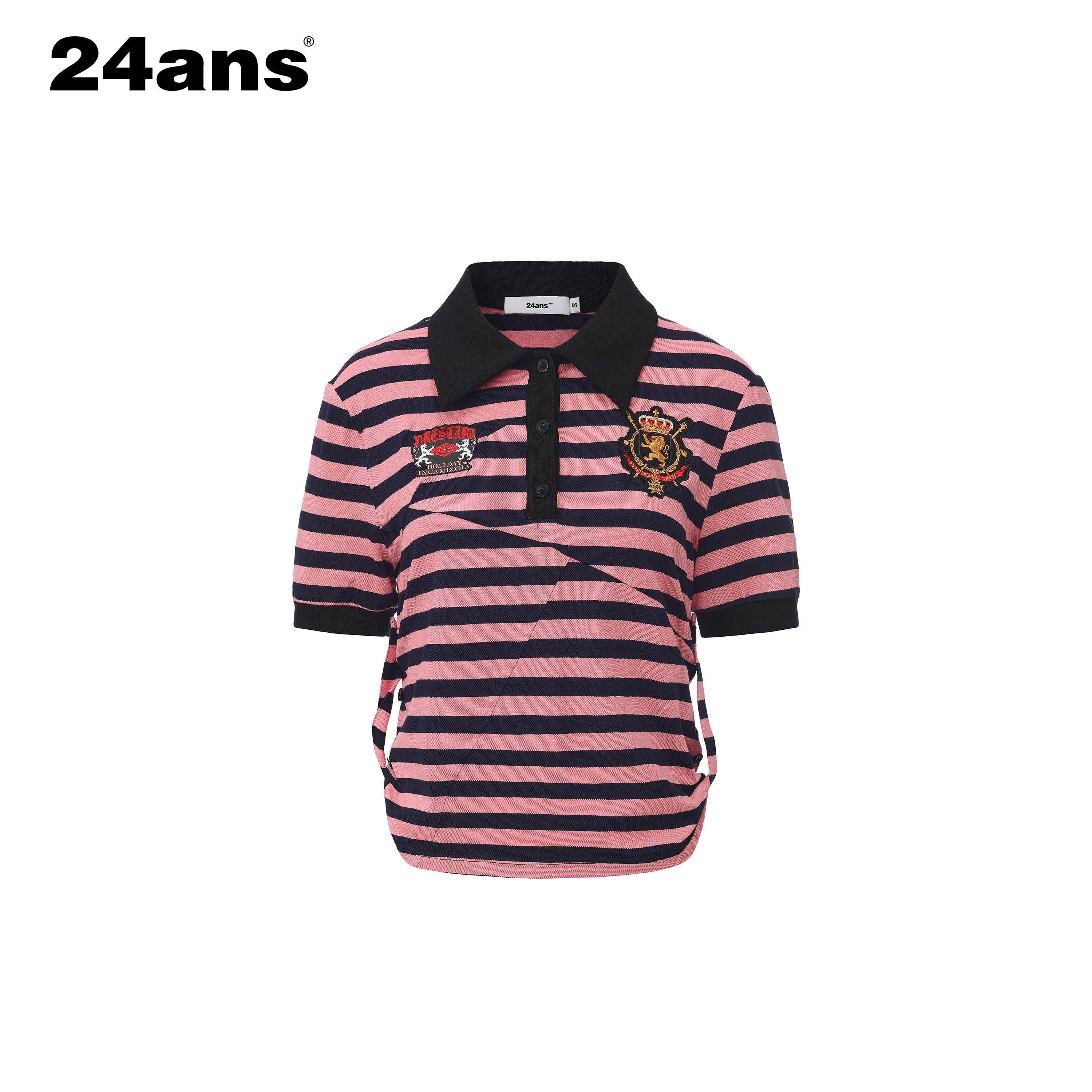 24ans Soft Cotton Blend Creative Stripe Polo Collar Straight Short Sleeve T-Shirts