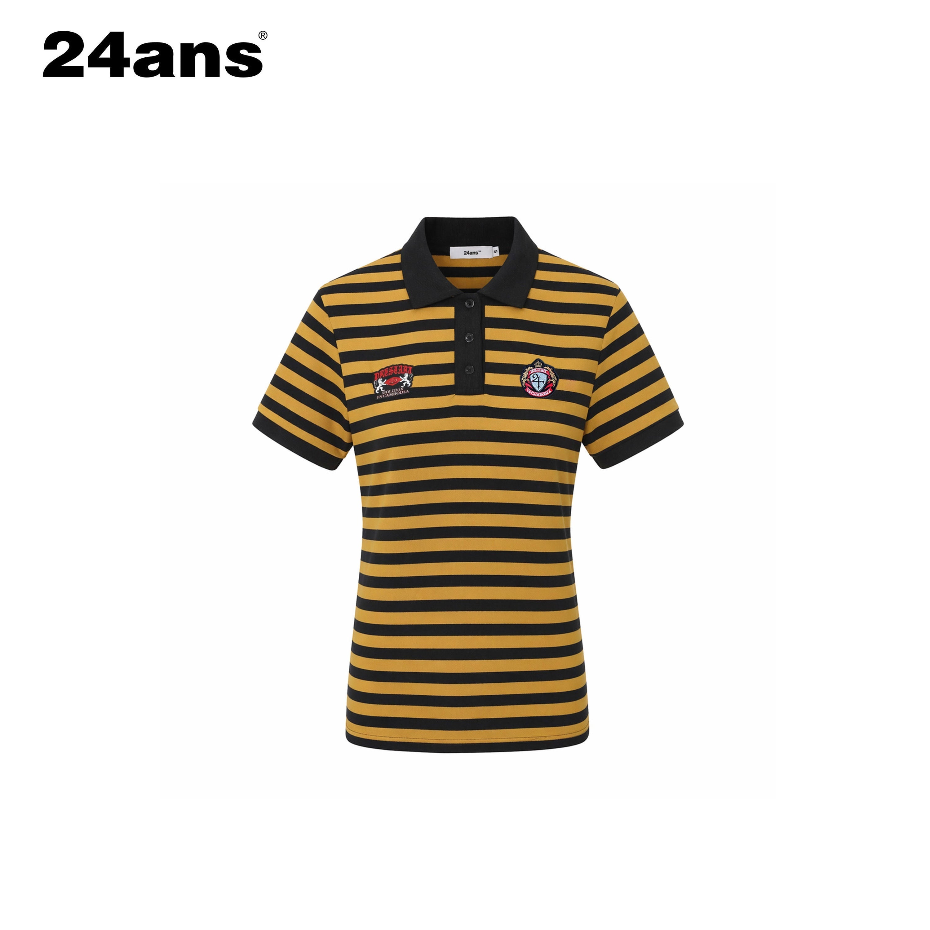24ans Soft Cotton Blend Creative Stripe Polo Collar Straight Short Sleeve T-Shirts