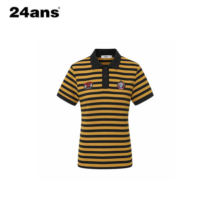 24ans Soft Cotton Blend Creative Stripe Polo Collar Straight Short Sleeve T-Shirts