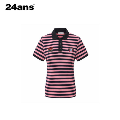 24ans Soft Cotton Blend Creative Stripe Polo Collar Straight Short Sleeve T-Shirts