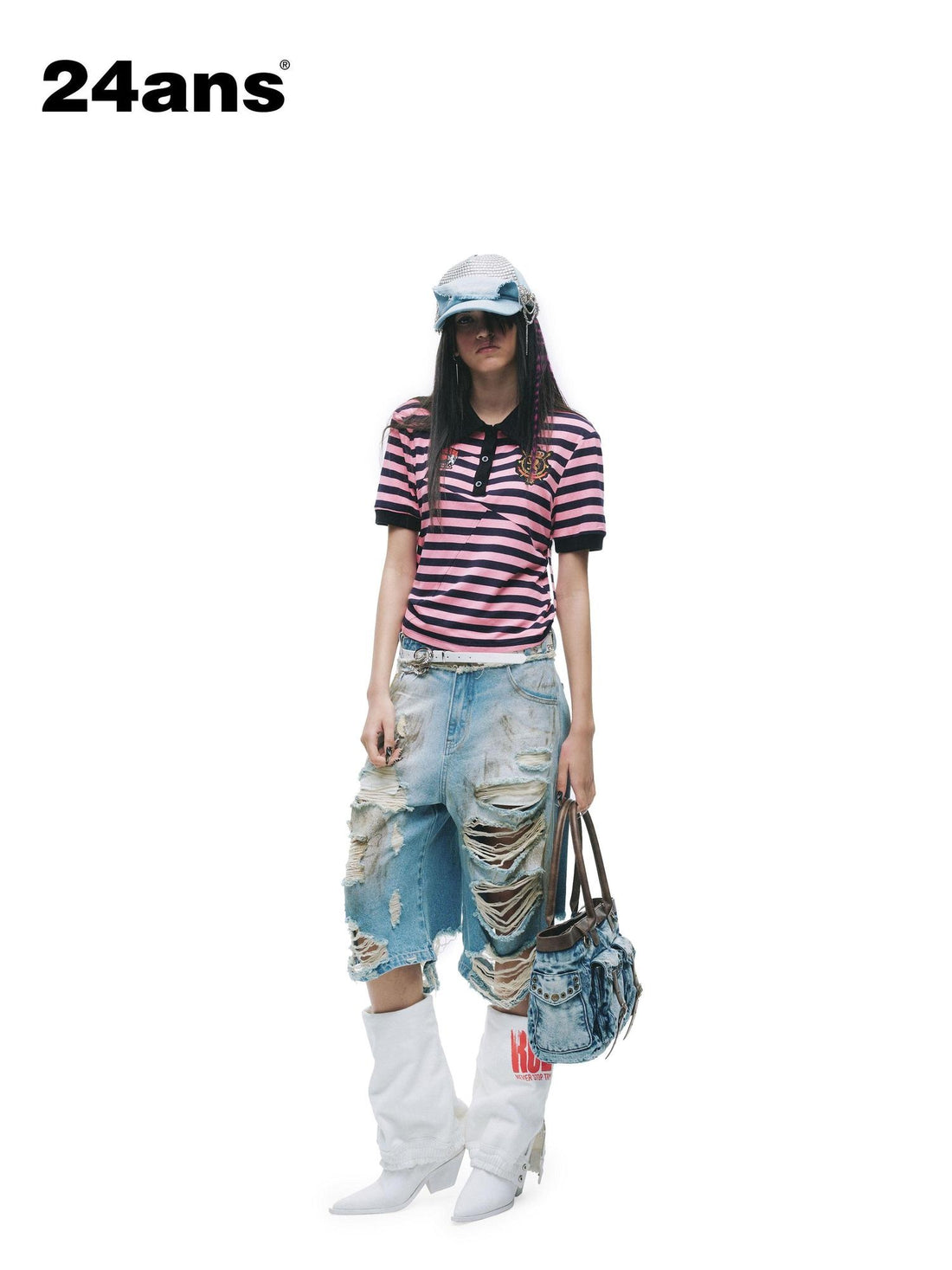 24ans Soft Cotton Blend Creative Stripe Polo Collar Straight Short Sleeve T-Shirts