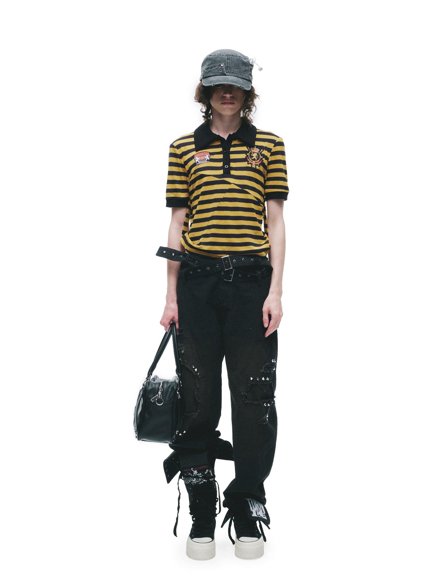 24ans Soft Cotton Blend Creative Stripe Polo Collar Straight Short Sleeve T-Shirts