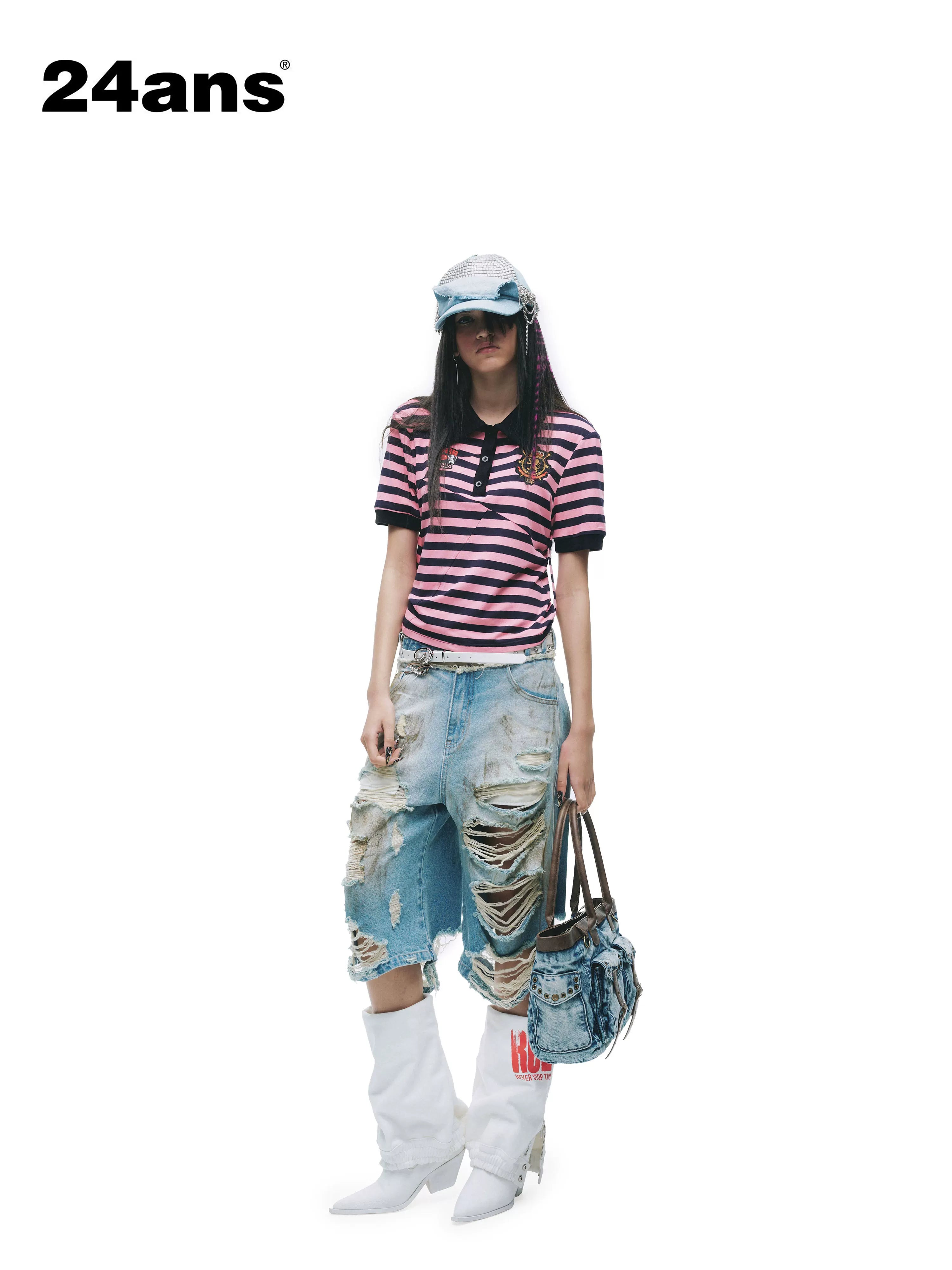 24ans Soft Cotton Blend Creative Stripe Polo Collar Straight Short Sleeve T-Shirts-1