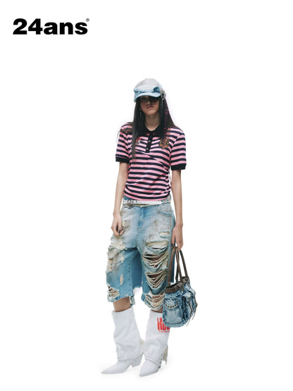 24ans Soft Cotton Blend Creative Stripe Polo Collar Straight Short Sleeve T-Shirts-1