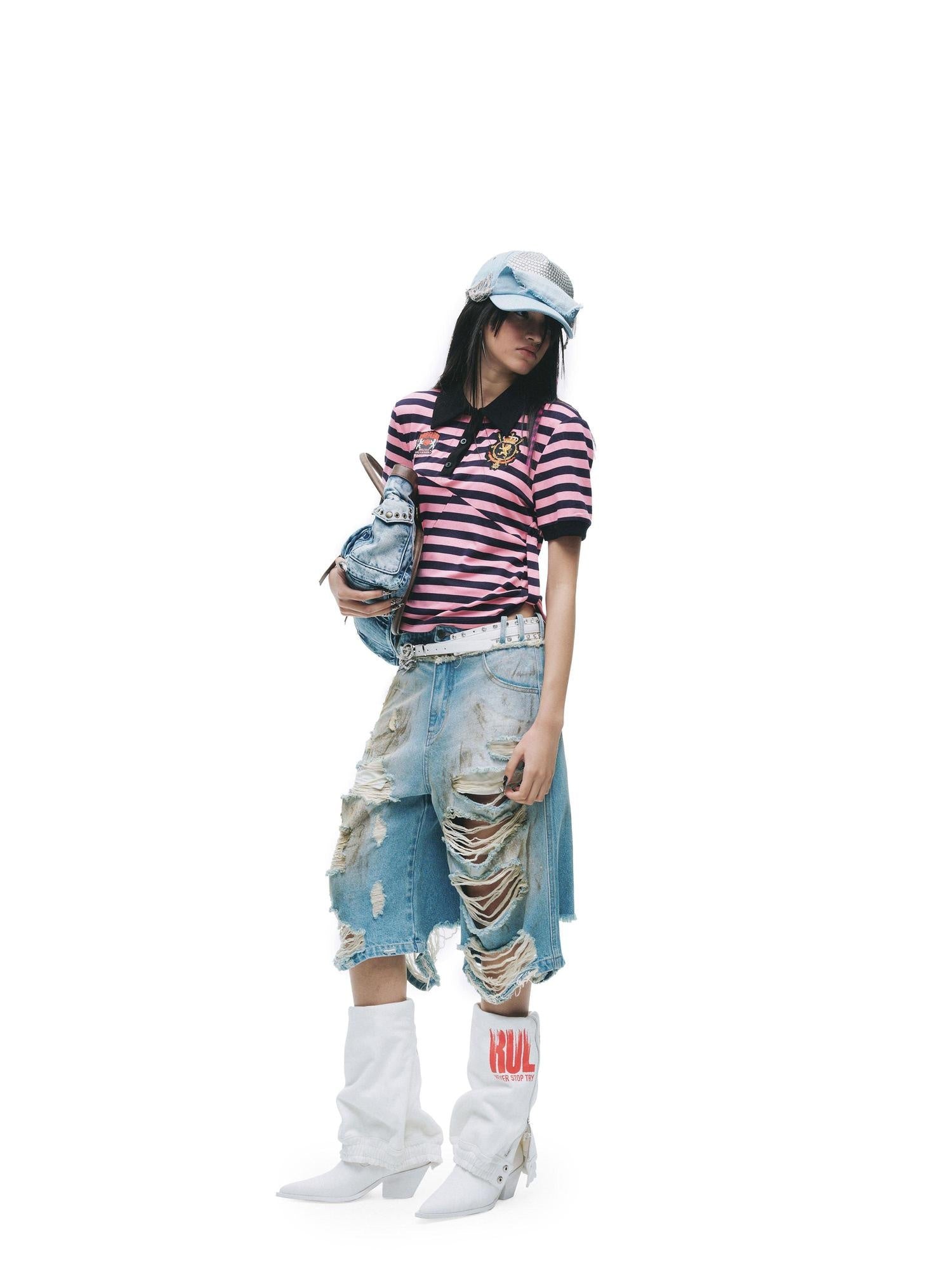 24ans Soft Cotton Blend Creative Stripe Polo Collar Straight Short Sleeve T-Shirts