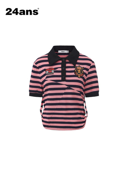 24ans Soft Cotton Blend Creative Stripe Polo Collar Straight Short Sleeve T-Shirts