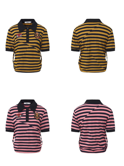 24ans Soft Cotton Blend Creative Stripe Polo Collar Straight Short Sleeve T-Shirts