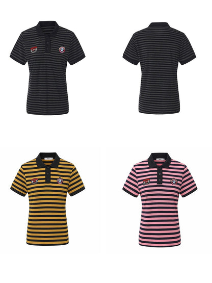 24ans Soft Cotton Blend Creative Stripe Polo Collar Straight Short Sleeve T-Shirts