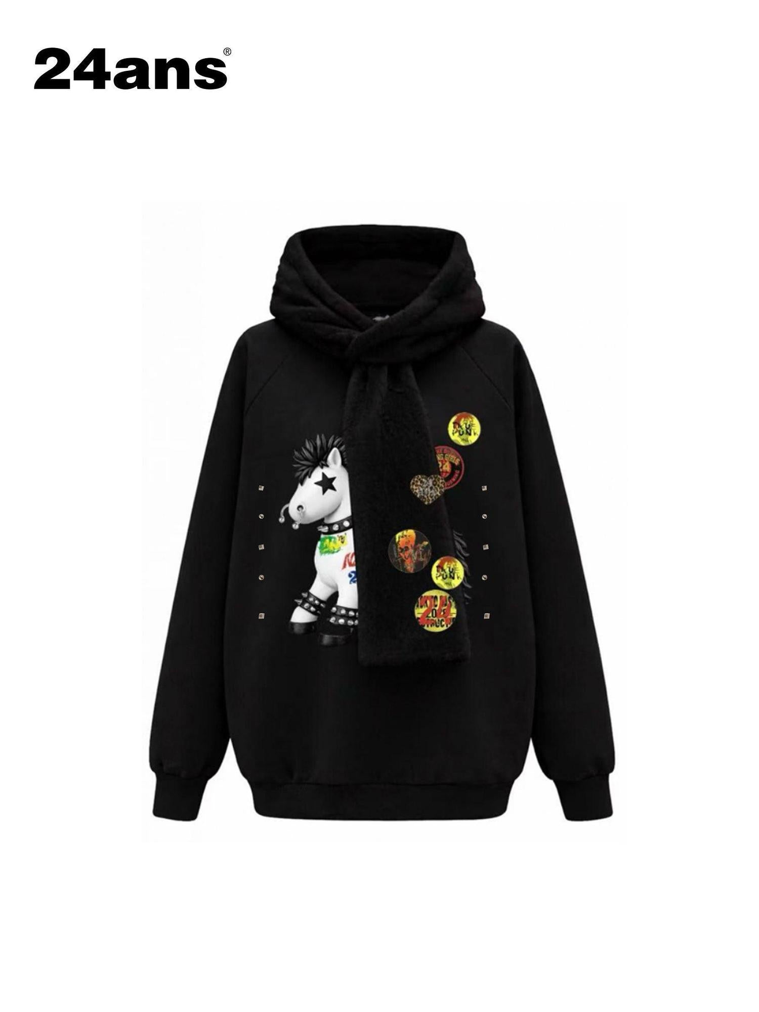 24ans Soft Polyester Cotton Blend Oversized Hooded Badge Patch Unisex Casual Hoodies