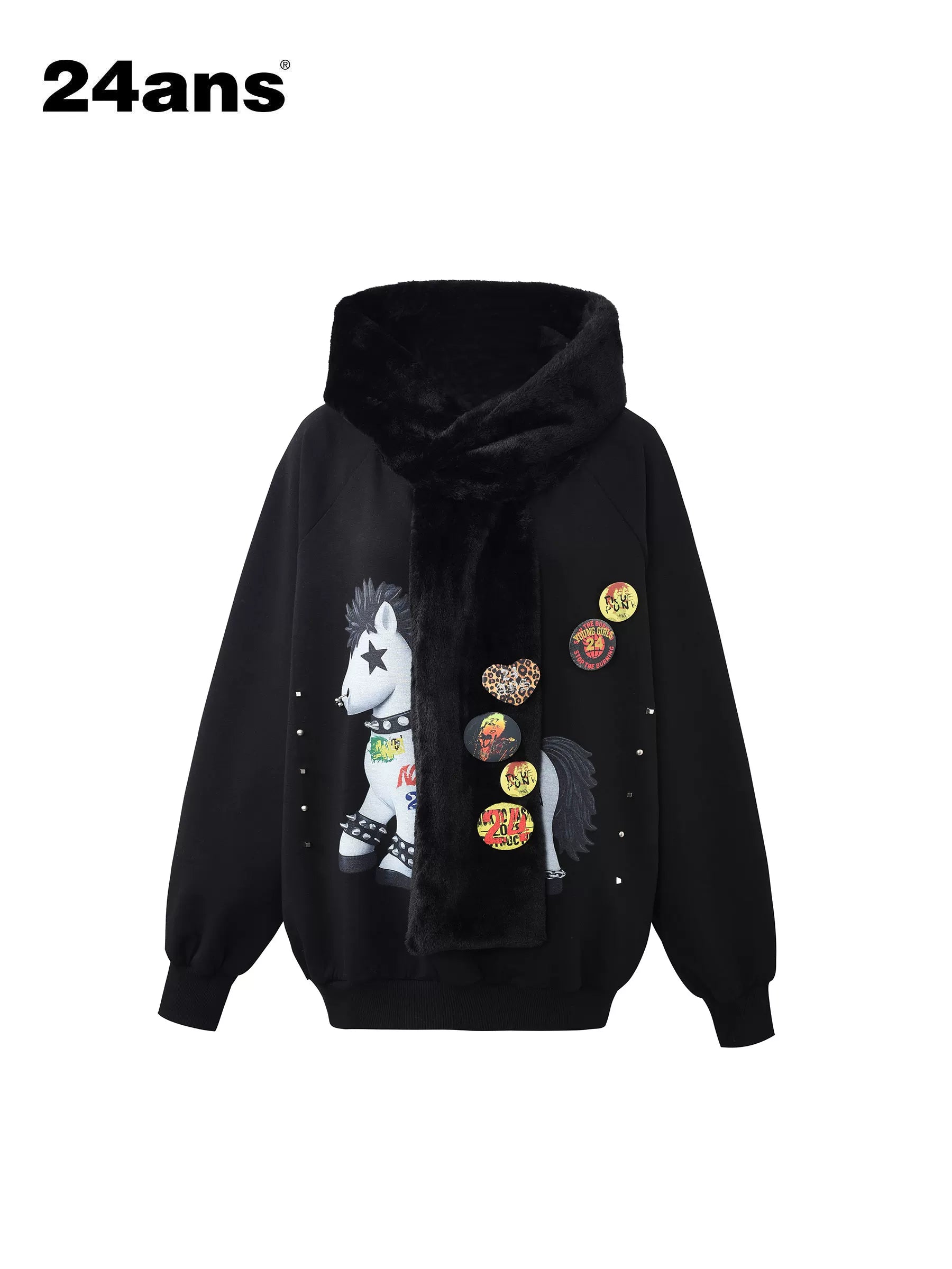 24ans Soft Polyester Cotton Blend Oversized Hooded Badge Patch Unisex Casual Hoodies-2
