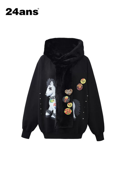 24ans Soft Polyester Cotton Blend Oversized Hooded Badge Patch Unisex Casual Hoodies-2