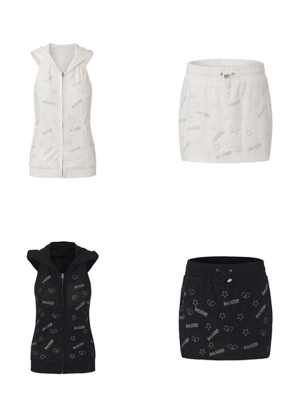 24ans Soft Ribbed Letter Crop Vest Mini Skirt Women Two Piece Knit Top &amp; Skirt Sets
