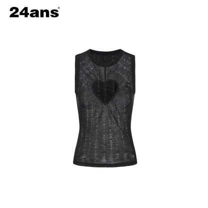 24ans Soft Stretch Slim Fit Round Neck Racerback Heart Print Black Womens Tank Tops