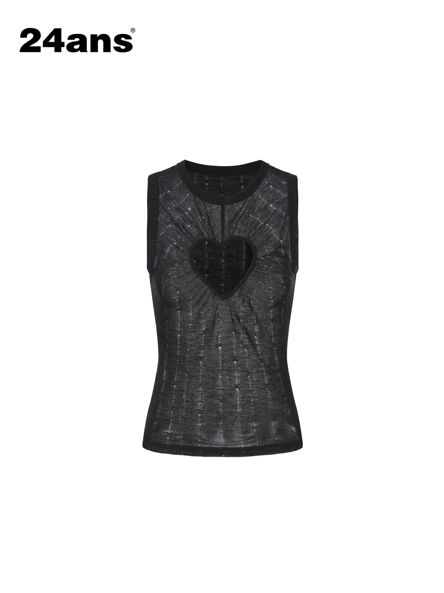 24ans Soft Stretch Slim Fit Round Neck Racerback Heart Print Black Womens Tank Tops