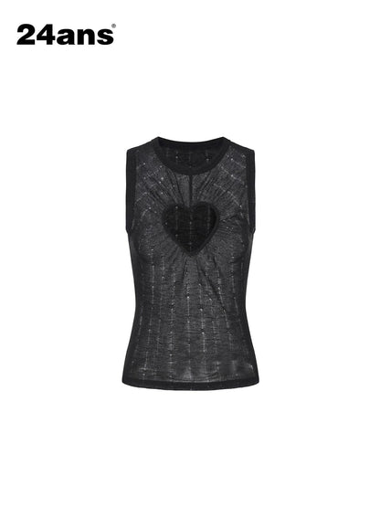 24ans Soft Stretch Slim Fit Round Neck Racerback Heart Print Black Womens Tank Tops