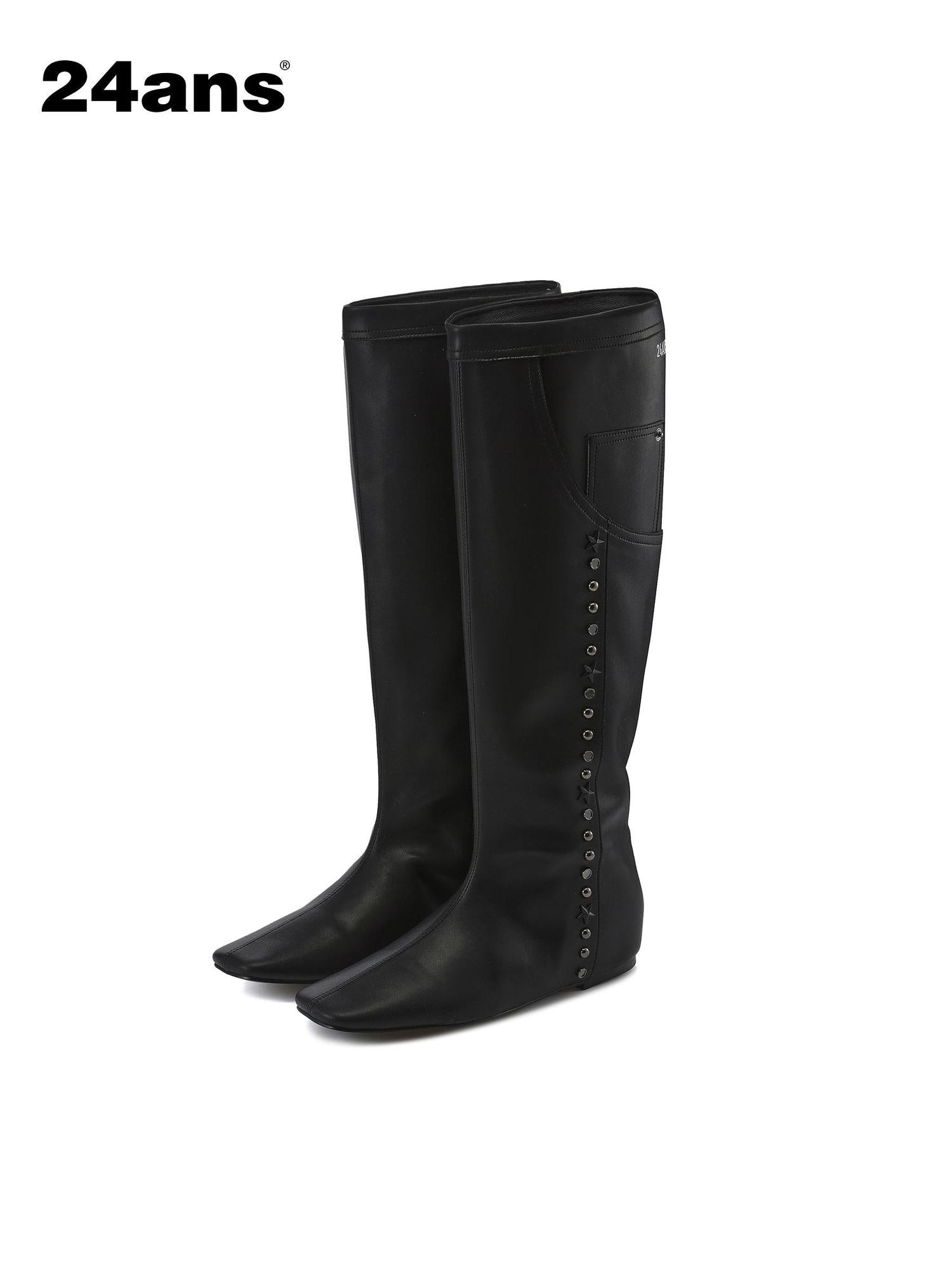 24ans Square Toe Flat Ankle Boots With Studs And Pocket Design
