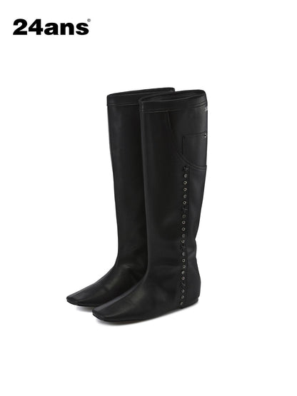 24ans Square Toe Flat Ankle Boots With Studs And Pocket Design