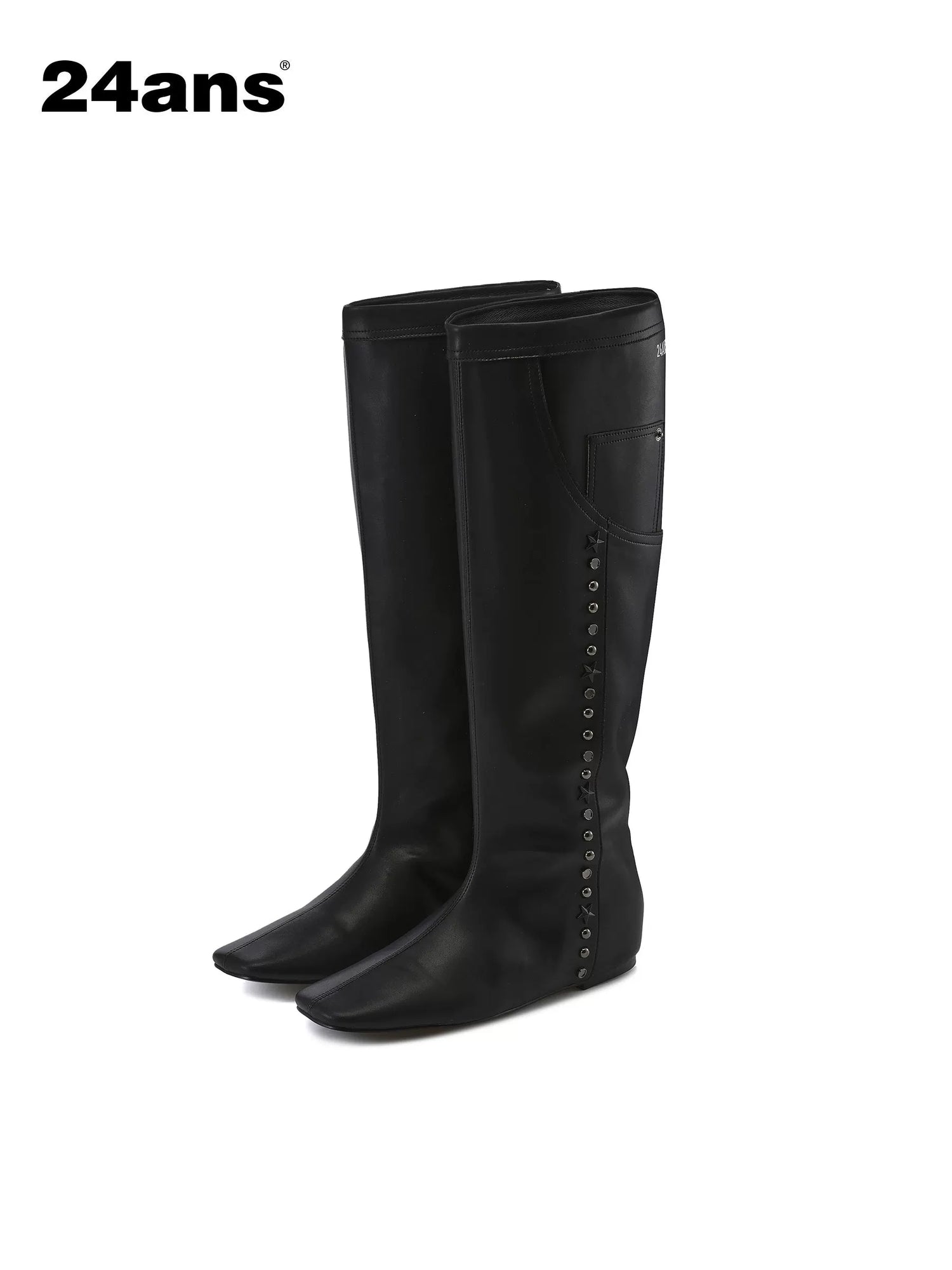 24ans Square Toe Flat Ankle Boots With Studs And Pocket Design-1