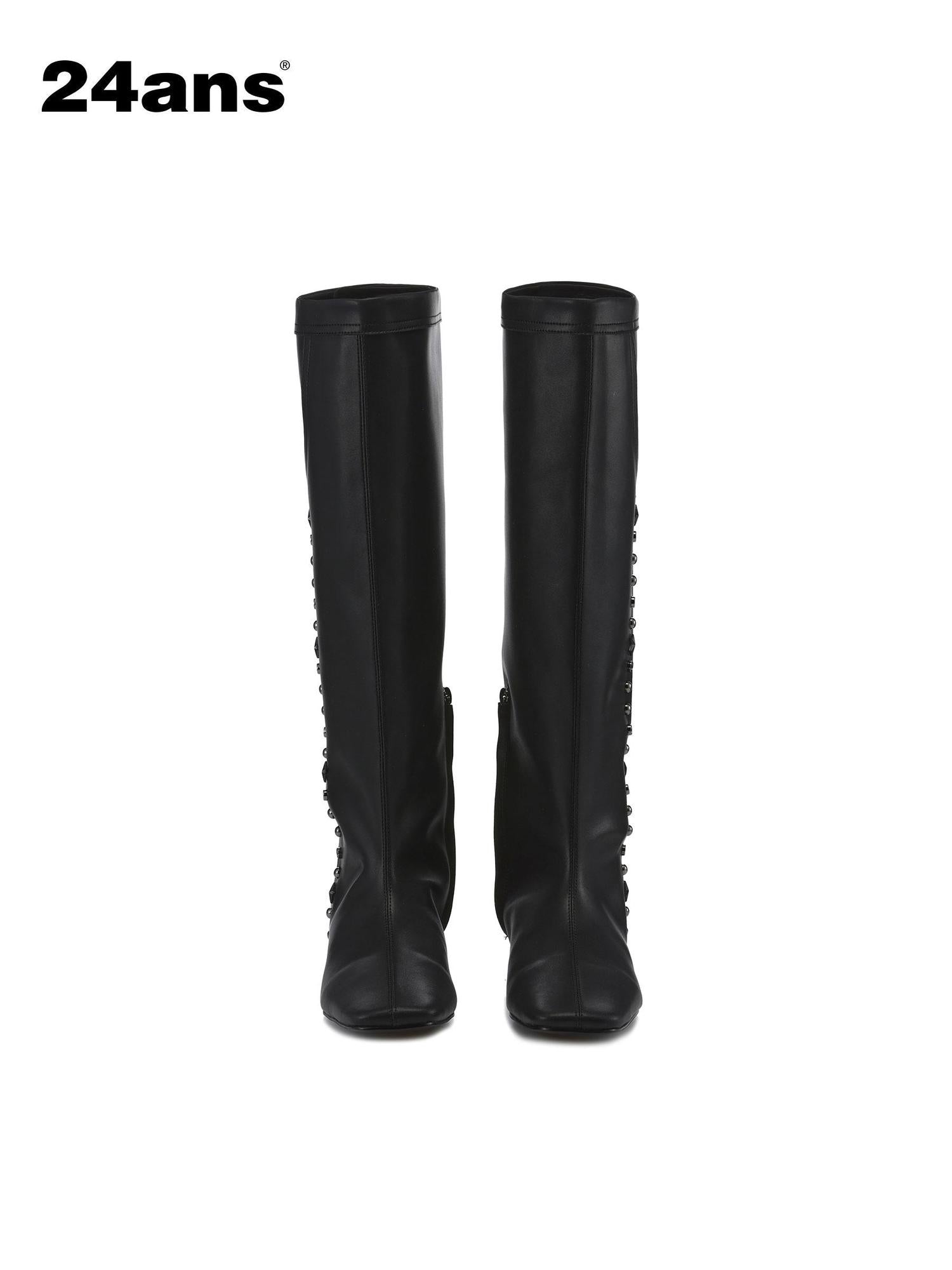 24ans Square Toe Flat Ankle Boots With Studs And Pocket Design