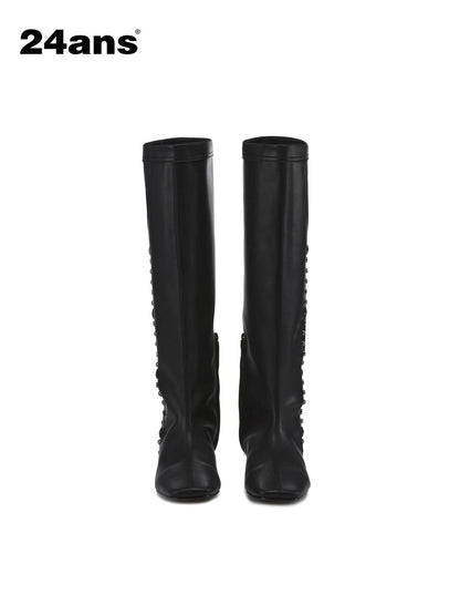 24ans Square Toe Flat Ankle Boots With Studs And Pocket Design