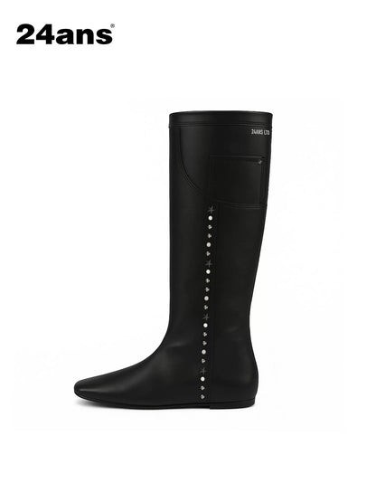 24ans Square Toe Flat Ankle Boots With Studs And Pocket Design-2
