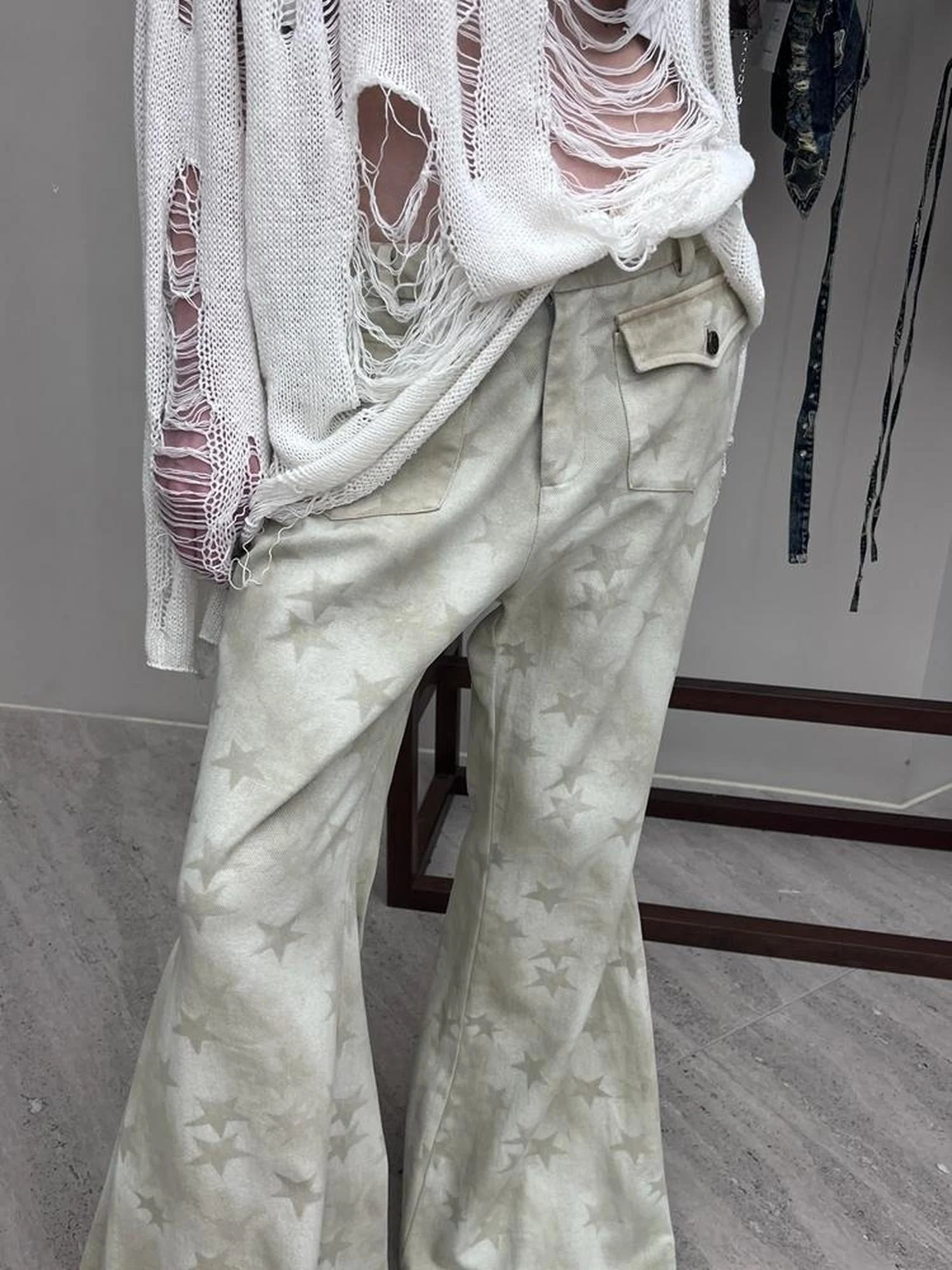 Stars Print Flared Trousers Loose High Waist Cotton Wide Leg Pants