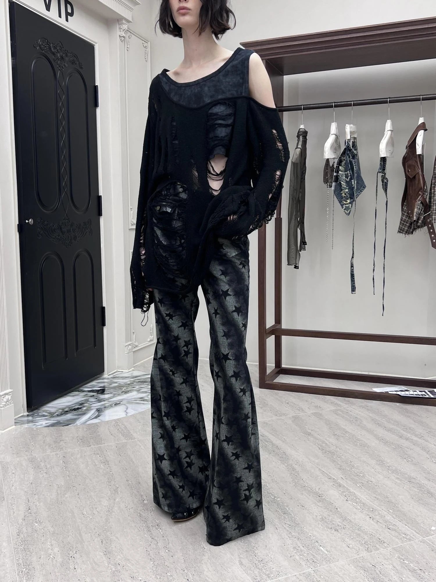 Stars Print Flared Trousers Loose High Waist Cotton Wide Leg Pants