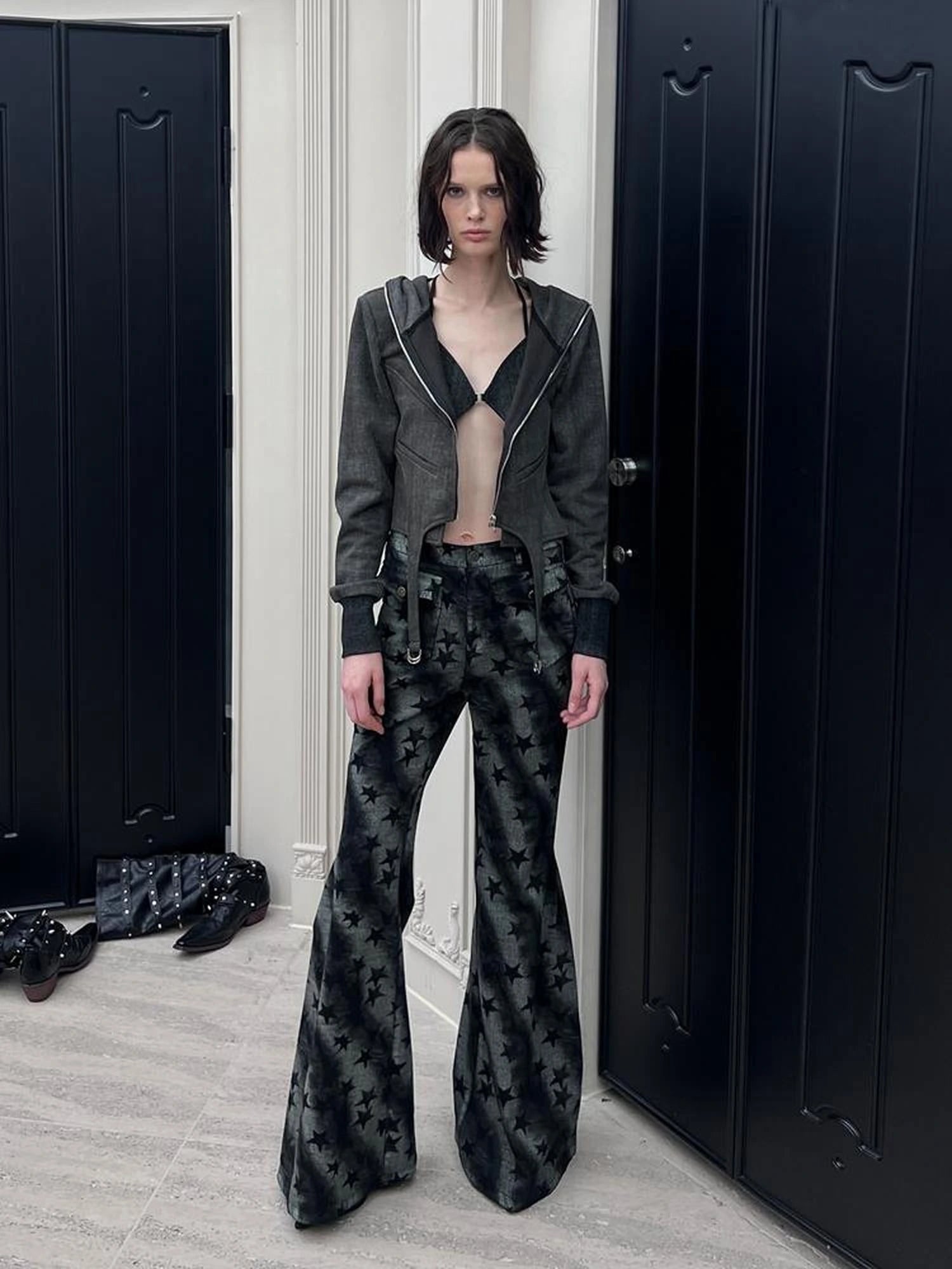 Stars Print Flared Trousers Loose High Waist Cotton Wide Leg Pants