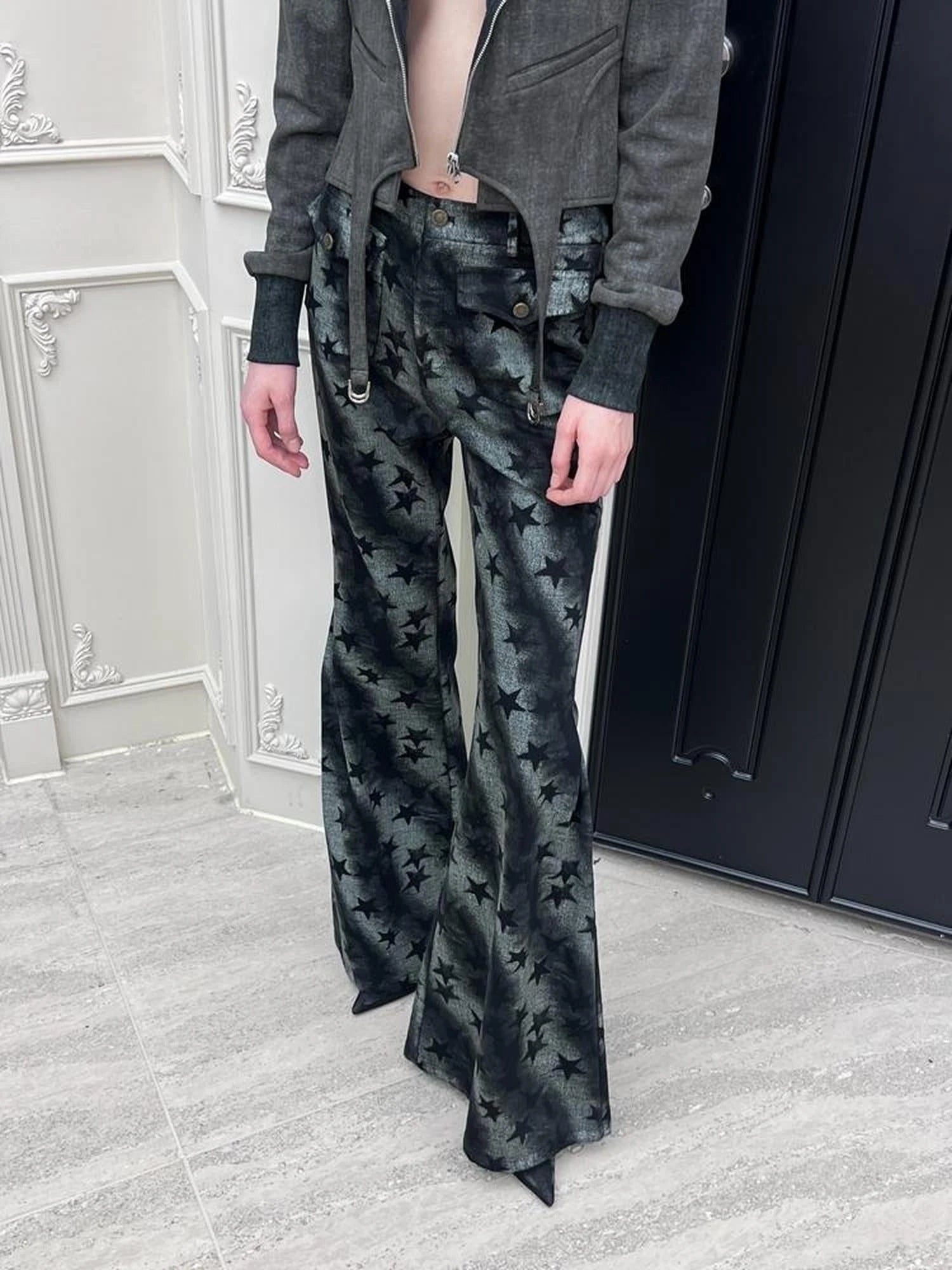 Stars Print Flared Trousers Loose High Waist Cotton Wide Leg Pants