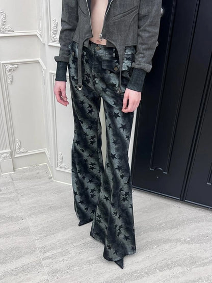 Stars Print Flared Trousers Loose High Waist Cotton Wide Leg Pants