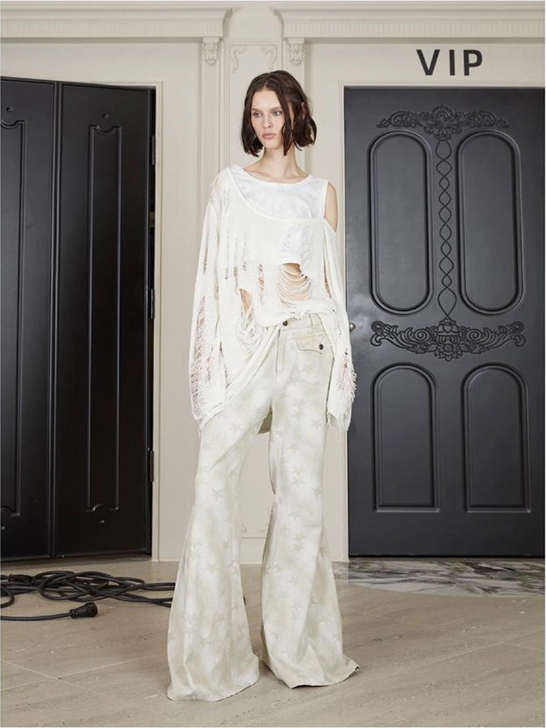 Stars Print Flared Trousers Loose High Waist Cotton Wide Leg Pants