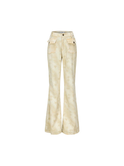 Stars Print Flared Trousers Loose High Waist Cotton Wide Leg Pants