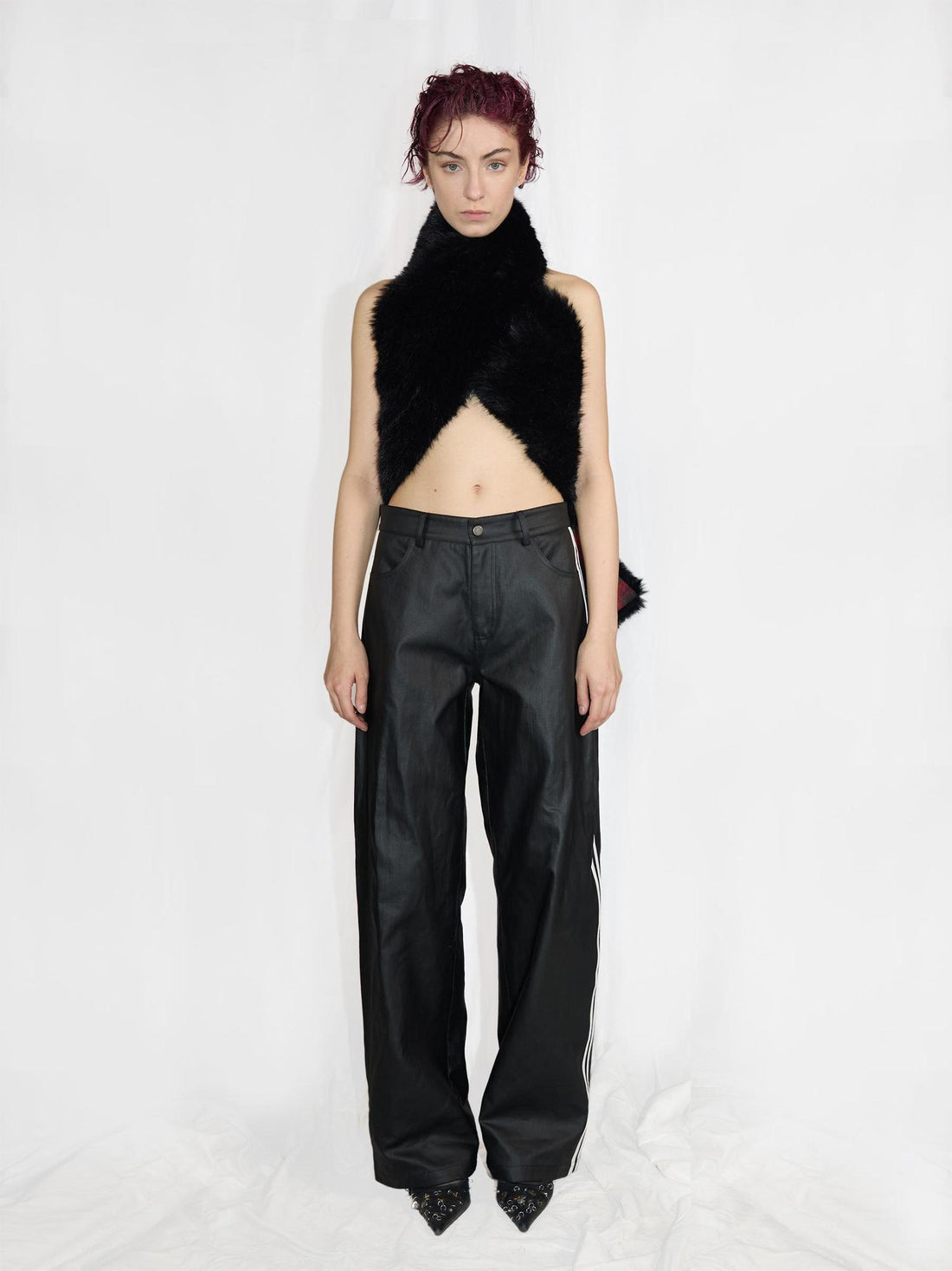 24ans Straight Leg Cotton Blend Leather Look Sport Stripe Pants