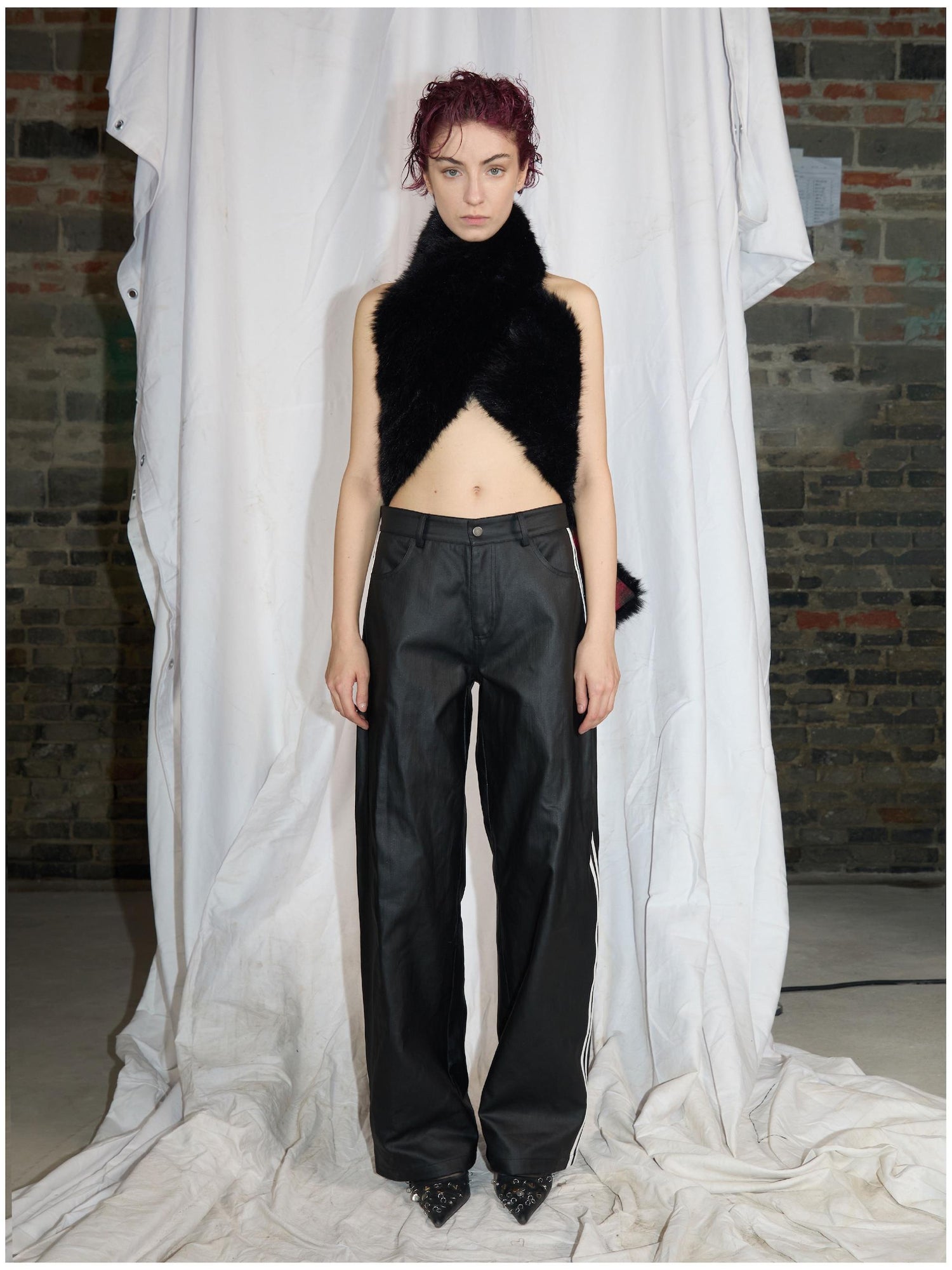 24ans Straight Leg Cotton Blend Leather Look Sport Stripe Pants