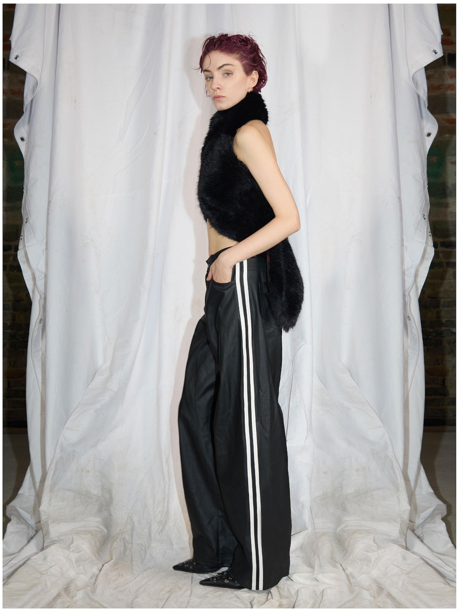 24ans Straight Leg Cotton Blend Leather Look Sport Stripe Pants