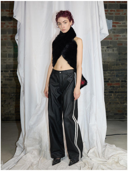 24ans Straight Leg Cotton Blend Leather Look Sport Stripe Pants
